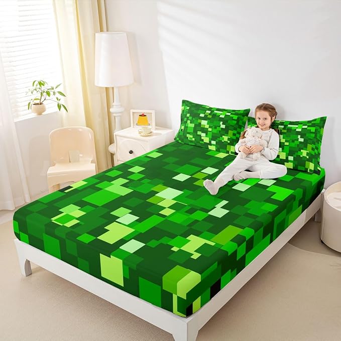 Pixelated Game Kids Queen Size Fitted Sheet,Video Games Abstract Gaming Boys Girls Bed Sheets,Geometric Gamepad Square Room Decor,Light Green Bedding Set,2 Pillowcases(No Flat)