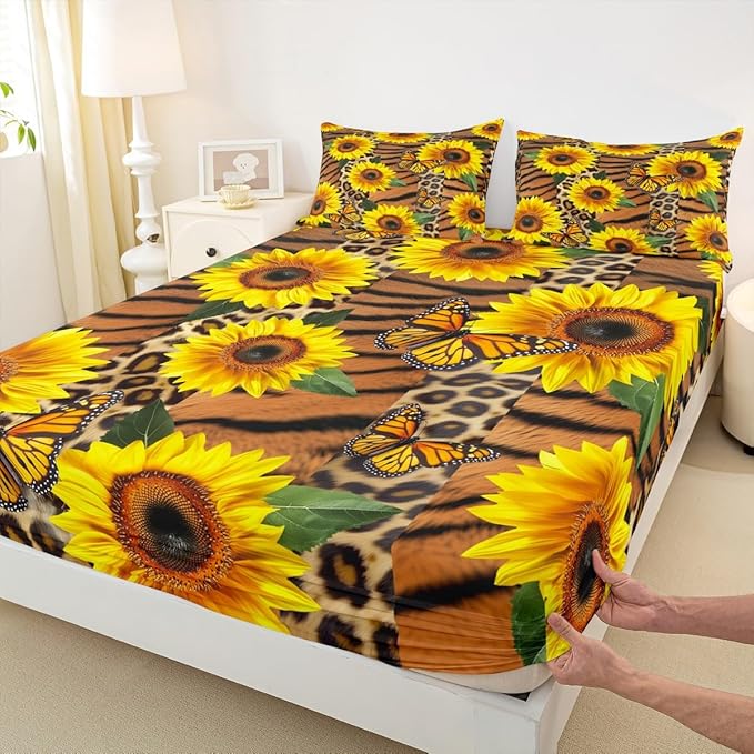 Manfei Brown Leopard Print Sheet Set Full Sunflower Butterfly Bedding for Kids Teens Room Decor,Plant Animal Soft Bed Sheet Set 4pcs with Deep Pocket Fitted Sheet + Flat Sheet + 2 Pillowcases