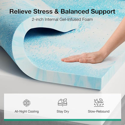 Novilla Dual-Layer 2+2 Inch Memory Foam Mattress Topper with Detachable Cooling Cover, Cooling Gel-Infused Memory Foam Pad for Back Pain Relief, Breathable & Machine Washable, Queen