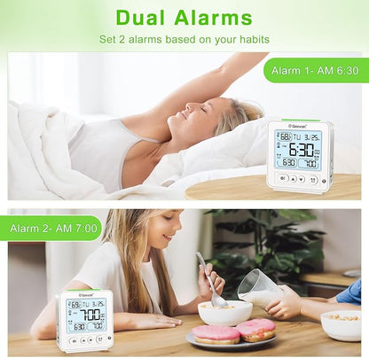Geevon Small Digital Alarm Clock for Heavy Sleepers, Portable Travel Atomic Clock with Battery Powered, Compact Desk Table Clock with Auto Light Night, Dual Alarms, 8s Backlight for Bedroom, White