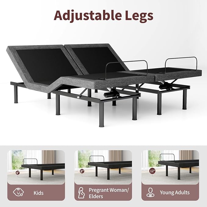 Split King Adjustable Bed Frame, Adjustable Beds with Updated Thickened Frame,Wireless Remote, Separate Head/Foot Lift, Zero Gravity,Anti-Snore,Sturdy Metal, Electric Bed Bases with 3 Height Options