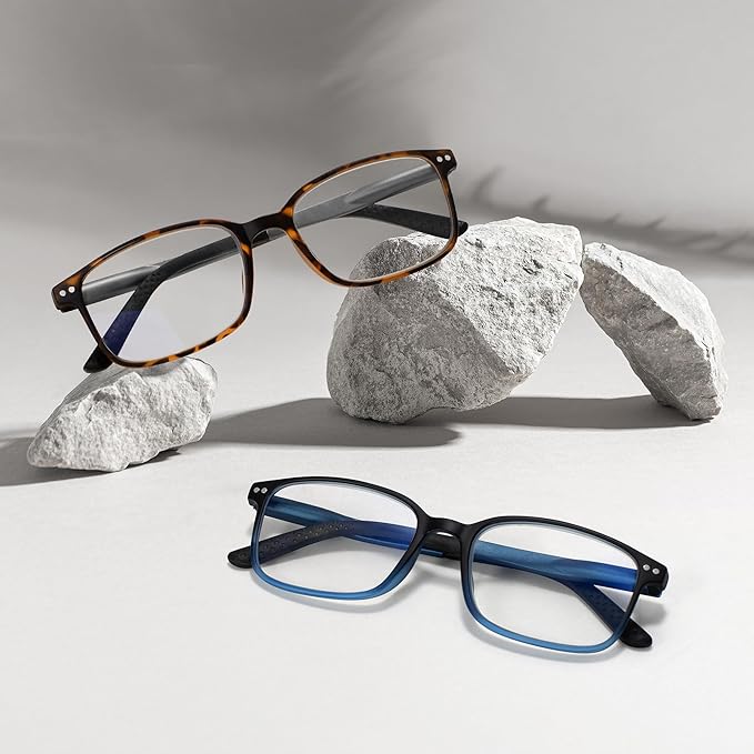 EASY READ 2 Pairs Sporty Style Reading Glasses for Men，Rectangular TR90 Blue Light Blocking Readers with Spring Hinge