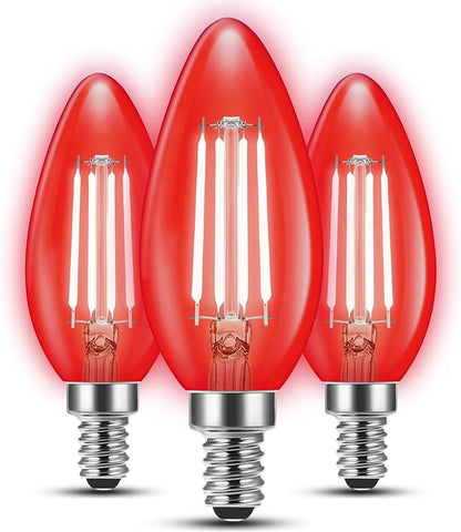 E12 LED Red Light Bulb for Christmas, C35 LED E12 Filament Candle Bulb 4W (40W Equivalent) E12 Base Red Lighting for Halloween, Party Decor, Sleep Lights, Bedroom, Porch Lights, Non-Dimmable, 3 Pack