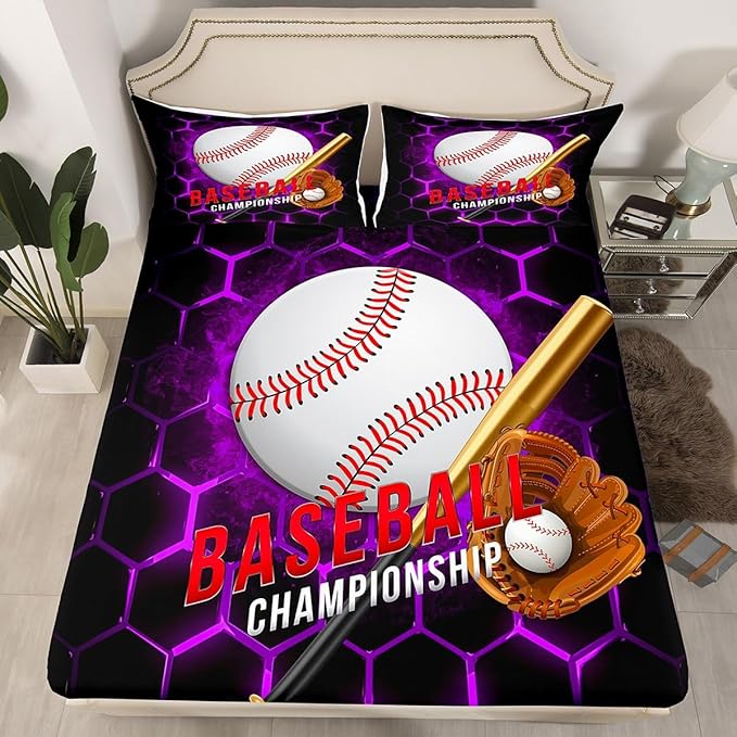 Manfei Baseball Sheet Set King Size, Ball Gaming Sports Themed Bedding Set for Kids Boy Teen Room Decor, Purple Honeycomb Bed Sheet Set 4pcs with Deep Pocket Fitted Sheet + Flat Sheet + 2 Pillowcases
