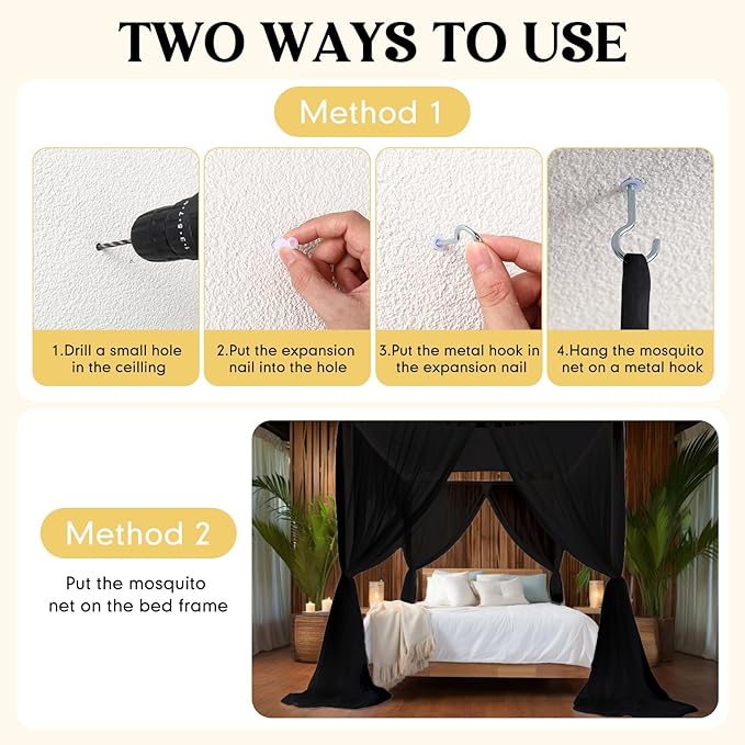 4 Corners Black Bed Canopy Curtains for Single Twin Full Size, Mosquito Net Rectangular Bed Drapes for Bedroom Home Indoor Patio Outdoor Decoration(L79 x W47 x H59 Inch)
