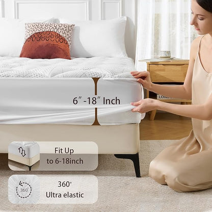 Twin Size Mattress Topper, Thick Quilted Fitted Mattress Pad Cover Breathable Bamboo Viscose Cooling Mattress Protector with 6-18 Inch Deep Pocket, Machine Washable (39x75 Inches, White)