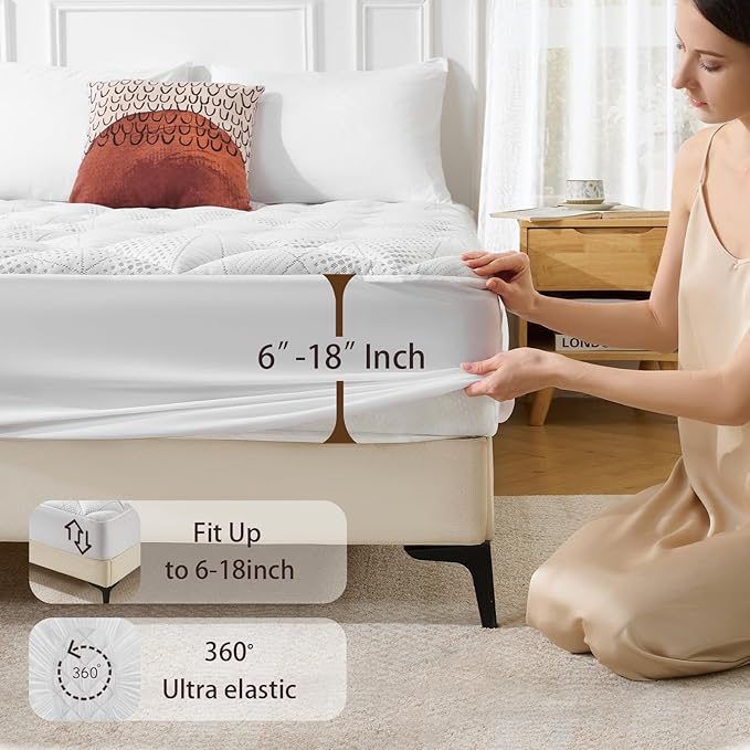 Queen Size Mattress Topper, Thick Quilted Fitted Mattress Pad Cover Breathable Bamboo Viscose Cooling Mattress Protector with 6-18 Inch Deep Pocket, Machine Washable (60x80 inch, White)