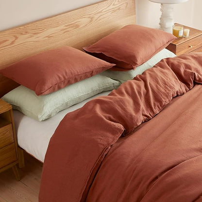 DAPU 100% Linen Duvet Cover Set - Pure Natural French Flax Linen with Corner Ties and Zipper Closure Soft Breathable Durable for Hot Sleepers 1 Duvet Cover 2 Pillowcases (Rust Red, King)