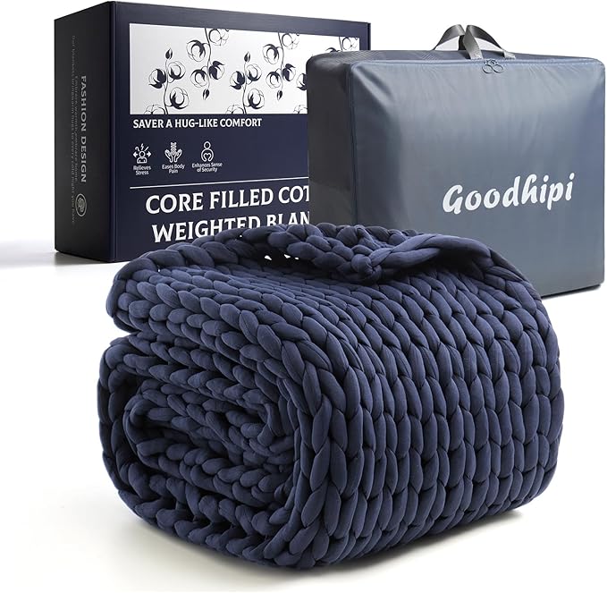 Hand-Knit Weighted Blanket for Adults, Chunky Knit Blanket, Cooling,Breathable,Sustainable,Machine Washable,Organic Cotton,Valentine's Day Birthday Gifts for Mom Women(Blue,40"*60",8lbs)