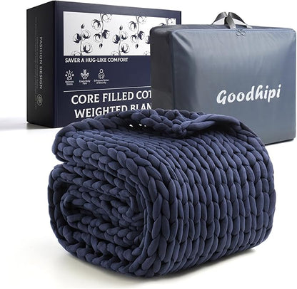 Hand-Knit Weighted Blanket for Adults, Chunky Knit Blanket, Cooling,Breathable,Sustainable,Machine Washable,Organic Cotton,Valentine's Day Birthday Gifts for Mom Women(Blue,48"*72",12lbs)