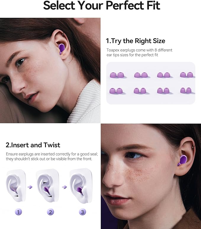 Ear Plugs for Sleeping 45dB Noise Cancelling Ear Plugs for Noise Reduction & Snoring, Concerts, Earplugs for Sleep,Sider Sleepers Airplane, Silicone Earplugs Reusable Concert Ear Plug+8Tip Pale Violet