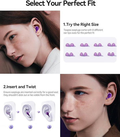 Ear Plugs for Sleeping 45dB Noise Cancelling Ear Plugs for Noise Reduction & Snoring, Concerts, Earplugs for Sleep,Sider Sleepers Airplane, Silicone Earplugs Reusable Concert Ear Plug+8Tip Pale Violet
