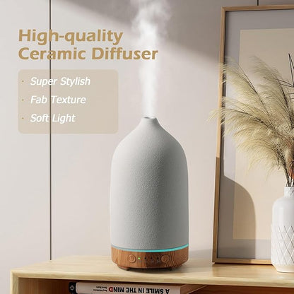 Diffuserlove Ceramic Essential Oil Diffuser 160ML Aromatherapy Diffuser for Home Bedroom Room Cool Mist Humidifier Stone Air Diffusers with Yellow Wood Pattern Base (Size:6.8" H x 3.6" W)