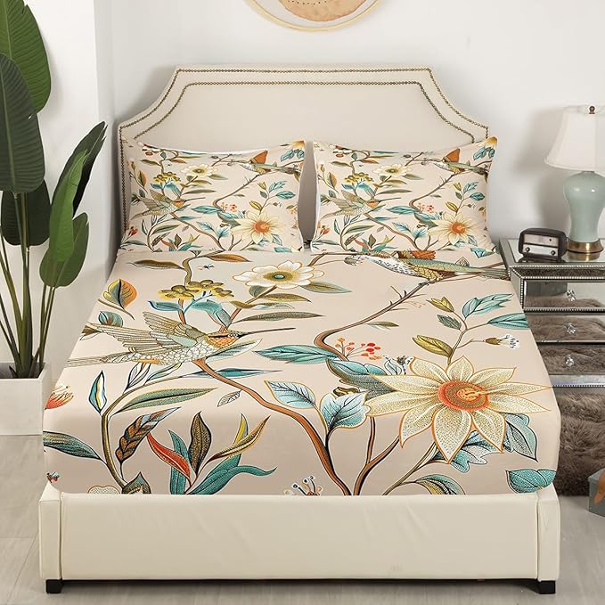 Blue Hummingbird Sheet Set Twin,Love Heart Shaped Flower Bed Sheet Set 3pcs with Deep Pocket Fitted Sheet + Flat Sheet + 1 Pillowcase Floral Animals Theme Soft Bedding Set for Kids Teenss Room Decor