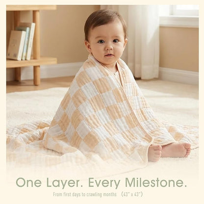 Ultra Soft Muslin Baby Blanket - Made with Organic Cotton, Neutral Earth Tone Checkered Swaddle & Crib Quilt, 43x43 (Beige)