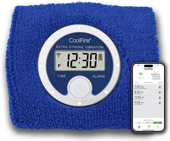 Coolfire Vibrating Alarm Clock Wristband, Silent Wake-Up Watch for Heavy Sleepers, Won’t Disturb Partner, Couples/Roommates, Deaf/Hearing Impaired, 4 Alarms, Bluetooth App, Rechargeable (Blue)