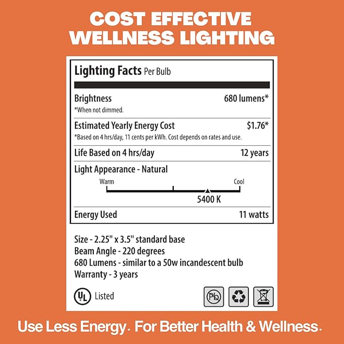 Norb NorbSMILE Full Spectrum Light Bulb - Sunlike Premium A19 Wellness LED. Boosts Energy, Mood & Performance. Supports Circadian Rhythm. Near-Perfect Color Rendering. Patented. US Based (1-Pack)