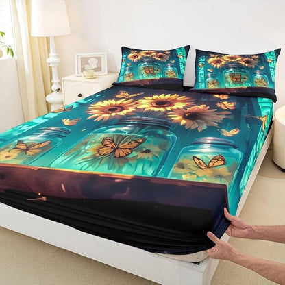 Sunflower Boys Girls Bed Sheets,Butterfly Flower Rustic Room Decor,Floral Farmhouse Mysterious Kids Twin Size Fitted Sheet,Green Yellow Bedding Set,1 Pillowcase(No Flat)