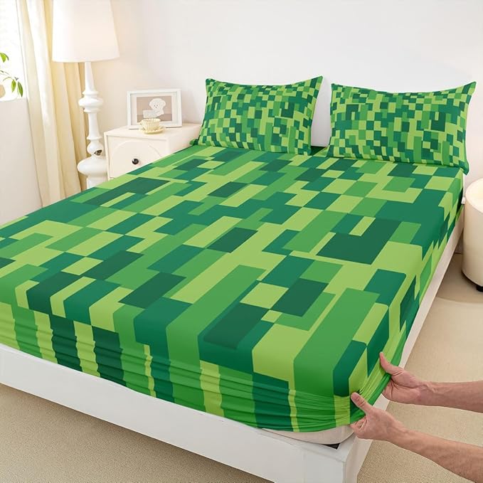 Pixel Grid Kids Full Size Fitted Sheet,Video Games Plaid Lattice Boys Girls Bed Sheets,Geometric Check Abstract Room Decor,Green Bedding Set,2 Pillowcases(No Flat)
