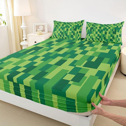 Pixelated Game Kids Queen Size Fitted Sheet,Video Games Gamepad Abstract Room Decor,Gaming Geometric Square Boys Girls Bed Sheets,Green Brown Bedding Set,2 Pillowcases(No Flat)