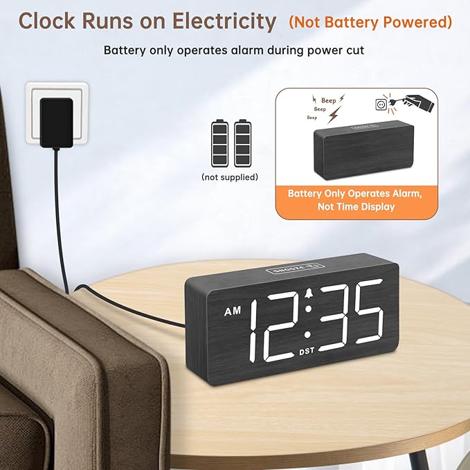 DreamSky Wooden Digital Alarm Clock for Bedroom - Loud Alarm Clock for Heavy Sleepers with Volume Control, Desk Clocks for Living Room with Large Numbers, Dimmer, DST, Wood Decor (Plug in Clock)
