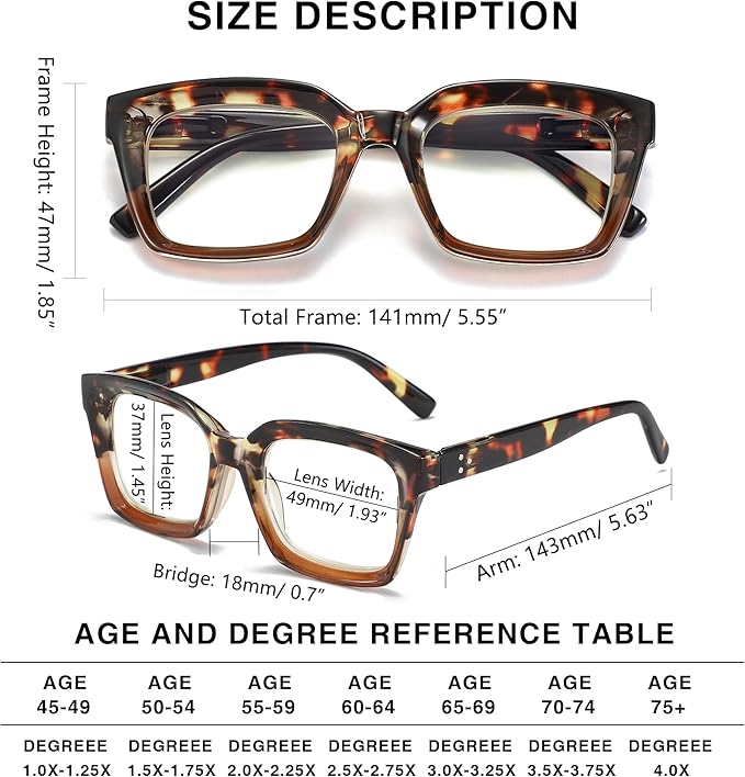 Readers for Women Oprah Style Square Reading Glasses with Spring Hinge Blue Light Blocking for Men Ladies