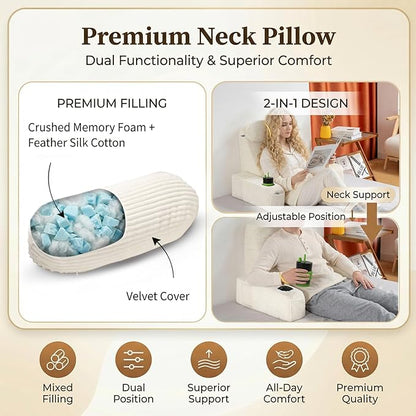 AS AWESLING Reading Pillow for Adults, Back Pillow for Bed Sitting Up, Backrest Pillow for Sitting in Bed, Detachable Arms with Built-in Cup & Phone Caddy (Beige-Corduroy, 21 INCH)