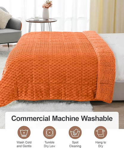 Super Fuzzy Soft Luxury Fleece Sherpa Weighted Blanket 15 lbs for Adults, Turtle Shell Cozy Queen Size Weighted Throw, Ceramic Beads Washable Heavy Blankets for Couch Bed, Orange, 60" x 80"