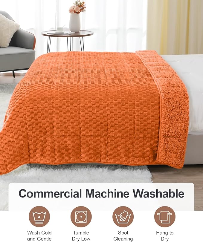Super Fuzzy Soft Luxury Fleece Sherpa 20 lbs Weighted Blanket for Adults, Turtle Shell Cozy Warm Queen Weighted Throw for Winter, Ceramic Beads Washable Heavy Blankets for Couch Bed, Orange, 60" x 80"