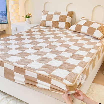 Milk Velvet Checkered Bedding Mattress Cover, Super Soft Elastic Bed Sheets with Pillowcase - Washable 12'' Deep Pocket Mattress Pad