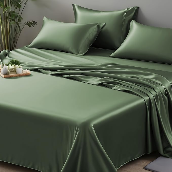 LINENWALAS Twin XL Flat Sheet Only - Rayon Derived from Bamboo Silk Bed Sheet, Premium Breathable Cooling Sheet, Soft Top Sheet (Twin XL, Avocado Green)