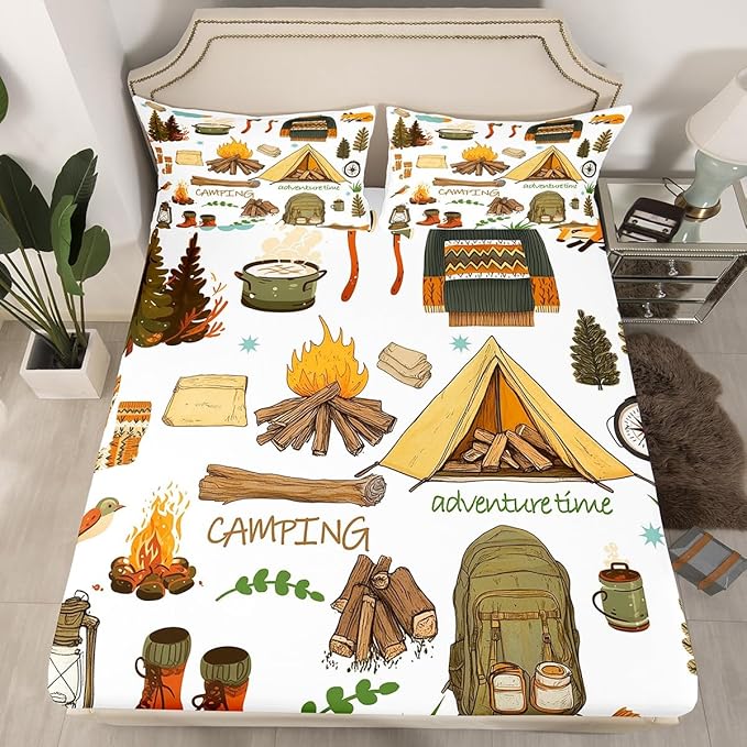Happy Camping Kids Fitted Sheet Full Size,Camper Equipment Tent Campfire Boots Bedding Set,Boys Girls Room Decor,Outdoor Adventure Time Bed Cover,Brown White Bed Sheet,2 Pillowcases(No Top Sheet)