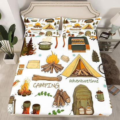 Happy Camping Kids Fitted Sheet Twin Size,Camper Equipment Tent Campfire Boots Bedding Set,Boys Girls Room Decor,Outdoor Adventure Time Bed Cover,Brown White Bed Sheet,1 Pillowcase(No Top Sheet)