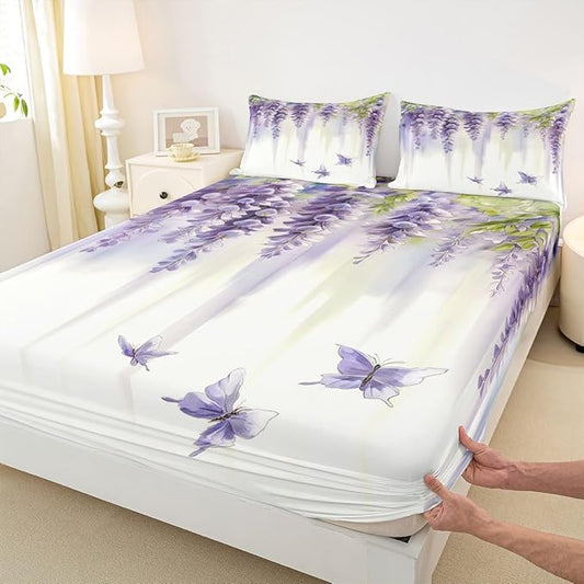 Lavender Kids Queen Size Fitted Sheet,Floral Butterfly Spring Boys Girls Bed Sheets,Lilac Flower Leaves Dreamy Room Decor,Purple Bedding Set,2 Pillowcases(No Flat)