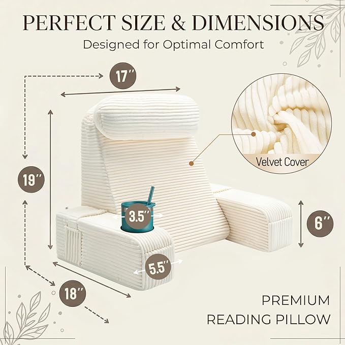 AS AWESLING Reading Pillow for Adults, Back Pillow for Bed Sitting Up, Backrest Pillow for Sitting in Bed, Detachable Arms with Built-in Cup & Phone Caddy (Beige-Corduroy, 19 INCH)