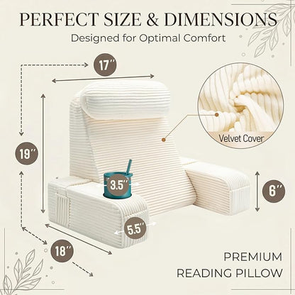 AS AWESLING Reading Pillow for Adults, Back Pillow for Bed Sitting Up, Backrest Pillow for Sitting in Bed, Detachable Arms with Built-in Cup & Phone Caddy (Beige-Corduroy, 19 INCH)