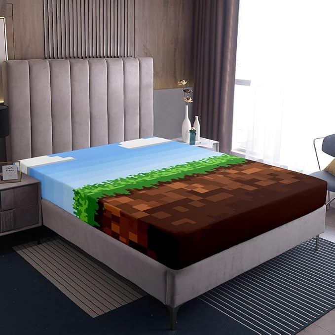 Pixelated Blocks Kids Queen Size Fitted Sheet,Square Video Games Gamepad Room Decor,Geometric Grid Patchwork Boys Girls Bed Sheets,Green Bedding Set,2 Pillowcases(No Flat)