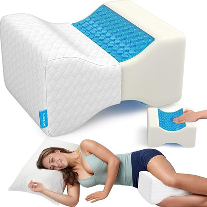 CloudBliss Knee Pillow for Side Sleepers - Cooling Leg Pillow for Side Sleeping, Memory Foam Knee Pillow for Hip Pain, Lower Back Pain, Sciatica Pain, Knee Wedge Pillow with Contour Design, White