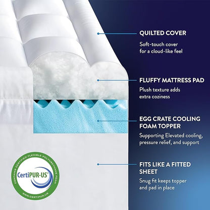 Best Price Mattress 4 Inch Pillowtop Mattress Topper and Pad Combo, 2 Inch Egg Crate Foam Mattress Topper, 2 Inch Plush Mattress Pad, Certified Safe Foam and Fabric, Dorm Essentials, Queen