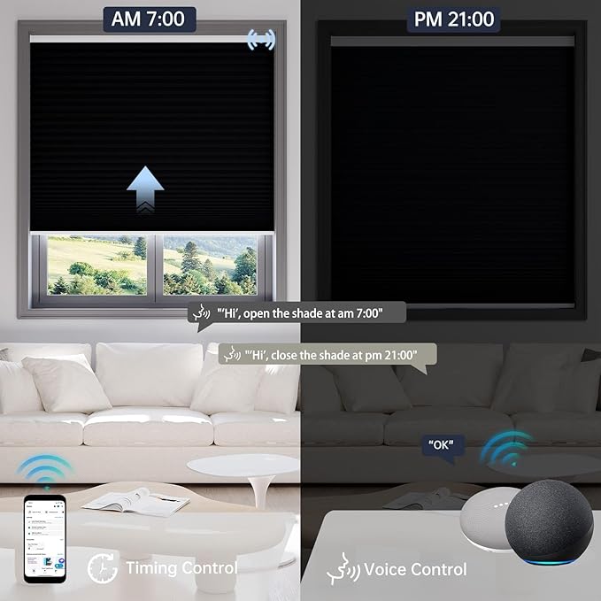 Motorized Cellular Shades with Remote, Blackout Smart Cellular Shades Compatible with Alexa, Cordless Honeycomb Window Blinds for Bedroom Home Office, Custom Size, Blackout Black