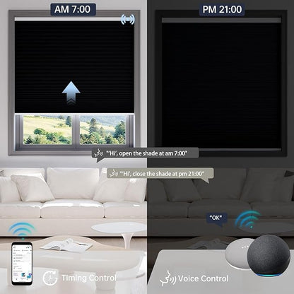 Motorized Cellular Shades with Remote, Blackout Smart Cellular Shades Compatible with Alexa, Cordless Honeycomb Window Blinds for Bedroom Home Office, Custom Size, Blackout Black