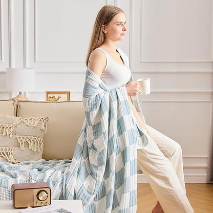 EMME Checkered Cotton Blanket Twin Large 60"x80" 100% Muslin for Couch Breathable Cooling Gauze All Season Soft and Lightweight (Teal)