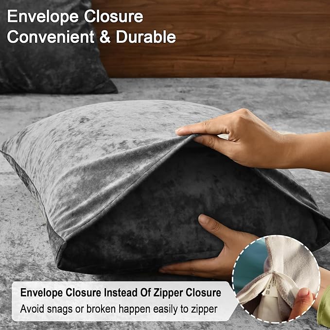PHF Truly Velvet Pillowcases King Size, No Insert, 2 Pack Ultra Soft Breathable Pillow Shams Covers with Envelope Closure, 20" X 36" Luxury Cozy Warm Fuzzy Flannel Pillow Cases, Charcoal/Dark Grey