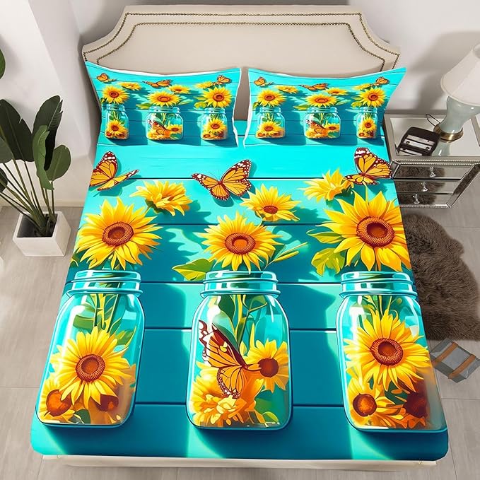 Yellow Sunflower Kids Full Size Fitted Sheet,Farmhouse Floral Flower Boys Girls Bed Sheets,Butterfly Rustic Wooden Room Decor,Teal Yellow Bedding Set,2 Pillowcases(No Flat)