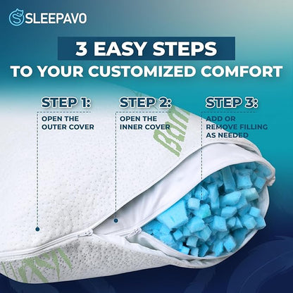 Sleepavo Adjustable Cooling Pillows Queen Size Set of 2 Pack - Extra Soft Shredded Memory Foam Best Pillows for Sleeping - Back, Stomach, Side Sleeper Pillow Medium Firm - Rayon Derived from Bamboo