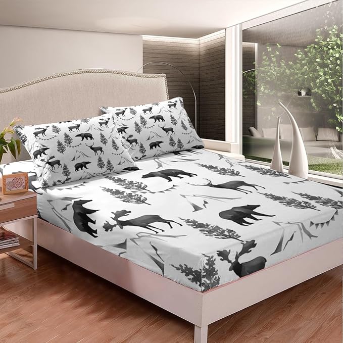Rustic Bear Deer Kids Fitted Sheet Full Size,Pine Trees Mountain Animals Rustic Farmhouse Bedding Set,Boys Girls Room Decor,Hunting Adventure Camper Bed Cover,RV Bed Sheet,2 Pillowcases