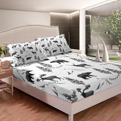 Rustic Bear Deer Kids Fitted Sheet Queen Size,Pine Trees Mountain Animals Rustic Farmhouse Bedding Set,Boys Girls Room Decor,Hunting Adventure Camper Bed Cover,RV Bed Sheet,2 Pillowcases