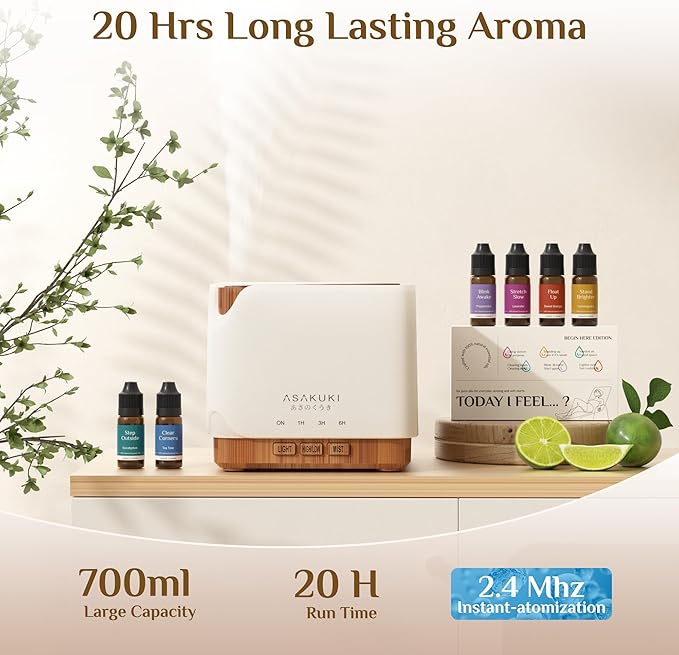 ASAKUKI Essential Oil Diffuser 700ml, Ultrasonic Aromatherapy Humidifier with Top 6 Essential Oils Set, 7 LED Colors, Timer & Auto-Off, Large Room Diffuser, Valentine's Day Gift