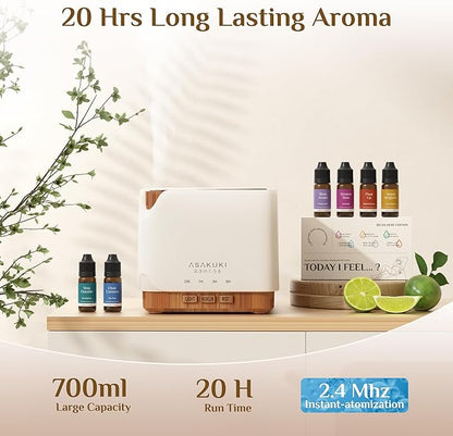 ASAKUKI Essential Oil Diffuser 700ml, Ultrasonic Aromatherapy Humidifier with Top 6 Essential Oils Set, 7 LED Colors, Timer & Auto-Off, Large Room Diffuser, Valentine's Day Gift