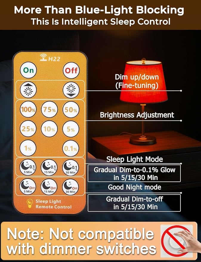 Amber Sleep Light Bulbs 1600K with Remote Control, E26 Blue Light Blocking A19, 9W for Sleep Therapy, Baby Nursery, Bedroom (4 Packs)
